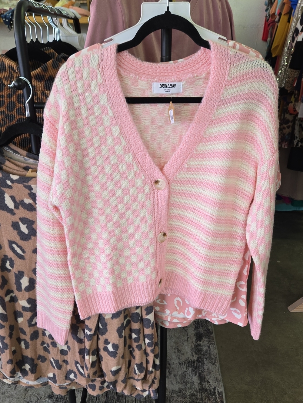 Double Zero Pink & Cream Checkerboard Stripe V-Neck Cardigan
